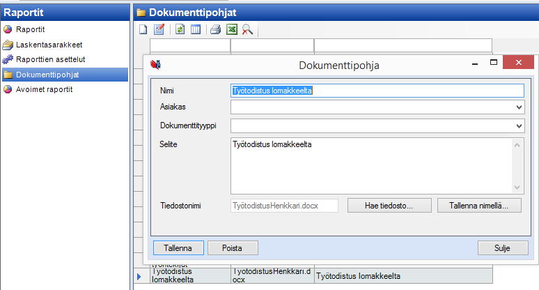 14 (16) Kun Wrd-dkumenttiphja n valmiina, tallennetaan se tietkantaan seuraavasti. Valitse Raprtit, Dkumenttiphjat. Lisää uusi dkumenttiphja. Anna dkumenttiphjalle nimi ja selite.