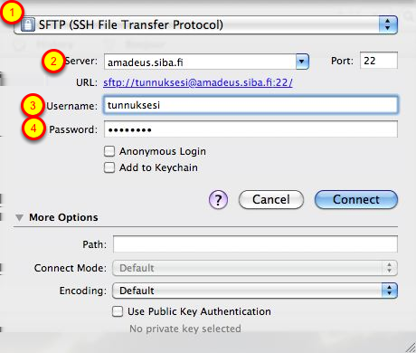 Cyberduck pikaopas Avautuneessa Cyberduckin selainikkunassa valitse "Open Connection" Saat uuden valikko-ikkunan. 1. Valitse salattu ja turvallinen SFTP-yhteys (Secure FTP) 2.