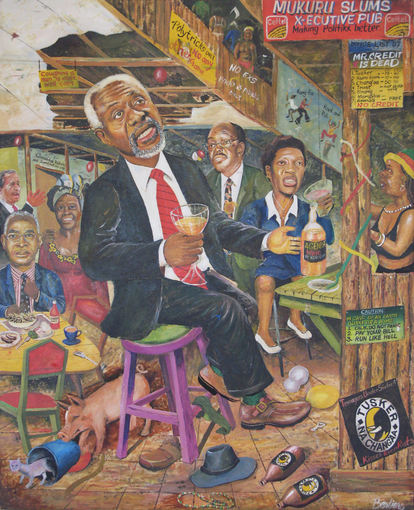 Bertiers, Piece Talks, 2008. Akryyli kankaalle 112 x 90 cm. Kenialainen Bertiers (Joseph Mbatia Njororoge, s.