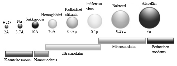 7 Kuva 4 Membraanisuodatuksen tyypilliset koot ja kokoalueet. [4] Mikrosuodatus on suodatusmuoto, joka käyttää huokoisia membraaneja erottamaan partikkelit suspensiosta.