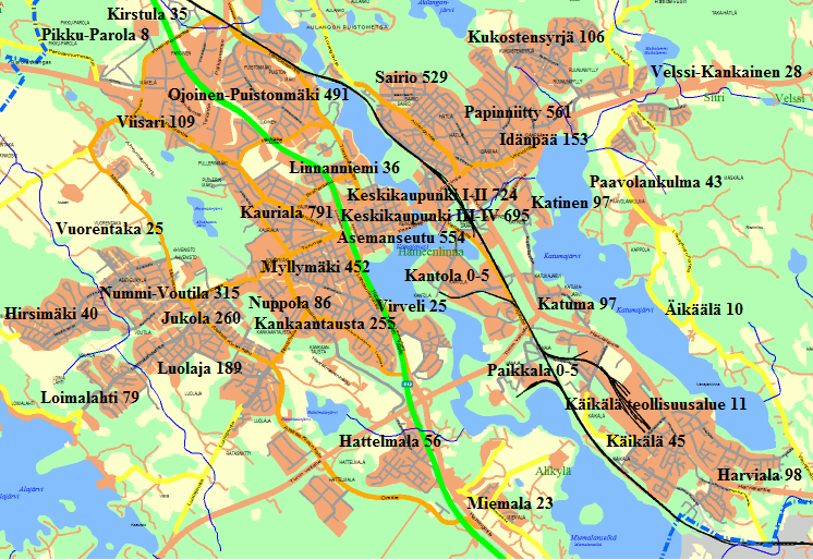 Kuva 3. Yli 70-vuotiaiden lukumääriä 31.12.2012 Hämeenlinnan pienalueilla (Hämeenlinnan kaupunki 2013; Väestötiedot Hämeenlinnan kaupunki 2012). 3.4 Palvelulinja Seiskan pysäkit Palvelulinja Seiskalla on 11 omaa pysäkkiä muiden linjaautoreittipysäkkien ulkopuolella.