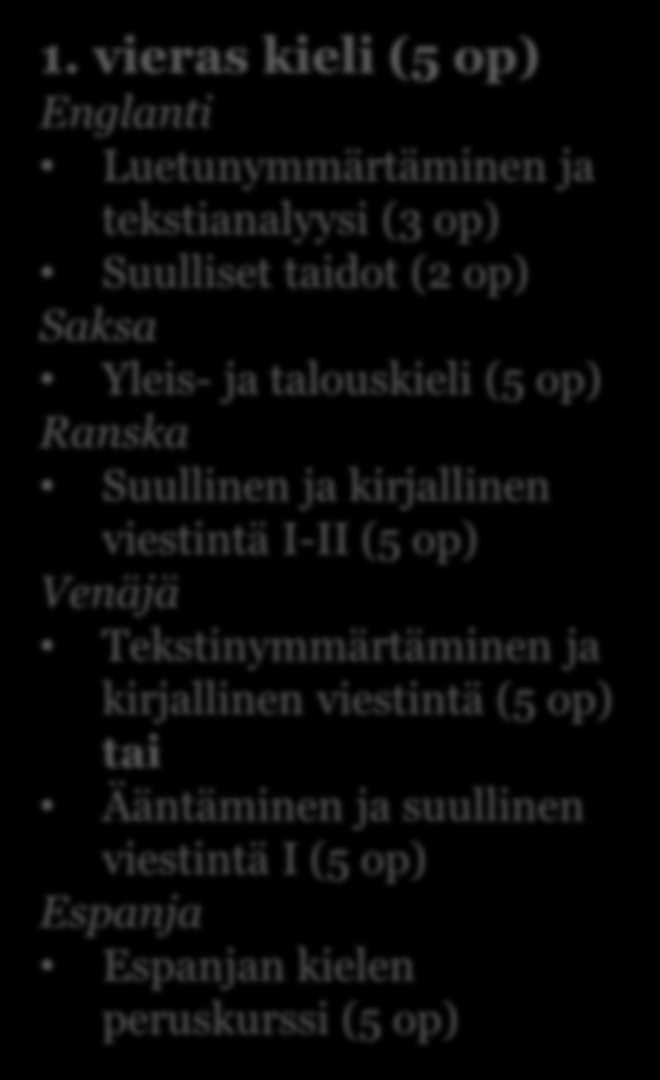 HTK-tutkinto 15 op kieli- ja viestintäopintoja Äidinkieli (5 op): Kirjallinen viestintä (3 op) Suullinen viestintä (2 op) Grunderna i kommunikation (5 op) Toinen kotimainen kieli (5 op): Ruotsin