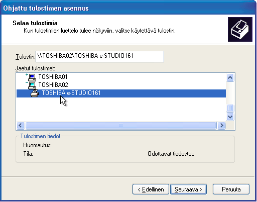 TULOSTIMEN 5 JAKAMINEN Asiakas-tietokoneen asetukset Valitse "Verkkotulostin tai toiseen tietokoneeseen kytketty tulostin" ja napauta "Seuraava" painiketta.