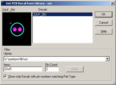 10 voidaan ottaa kuvassa 8 käyttöön Browse napilla ja valitsemalla kirjastosta haluttu kotelo. Kuvan 9 ikkunassa Get PCB Decal from Library usr näkyy, kun kuvassa 8 on valittu Browse... nappi.