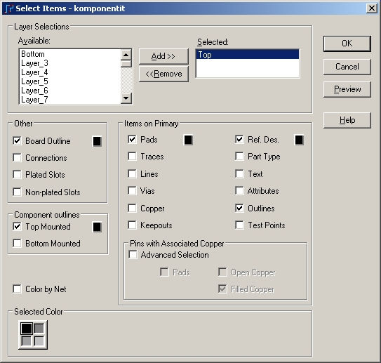 31 Kuva 41a. Select Items - komponentit Nyt olaan takaisin kuvan 40 ikkunassa. Dokumenttia voidaan esikatsella Preview Selections napilla ja tulostus voidaan suorittaa valitsemalla Run nappi.
