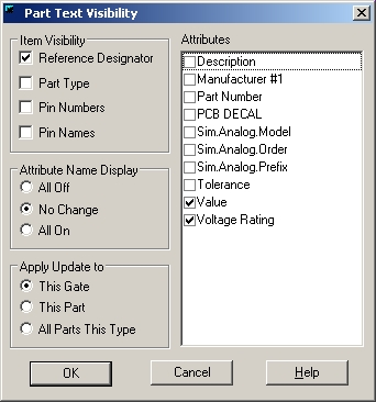 9 Kuva 7. Part Text Visibility Valitaan kuvan 5 ikkunassa PCB Decals nappi, josta voidaan muuttaa PCB Decals määrityksiä eli piirilevyllä sijaitsevan komponentin kotelotyyppi voidaan vaihtaa.
