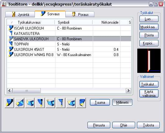 Työkalukirjasto on tehtävä Työkalukirjasto NC-ohjelmoinnin helpottamiseksi Luettelo Tietokanta