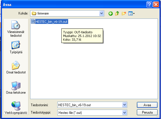 3. Valitse sarjaportti (esim. com1), jolla yhteys toimii, ja paina ONLINE. 4. Pitäisi tulla teksti "Hestec bootloader v1.
