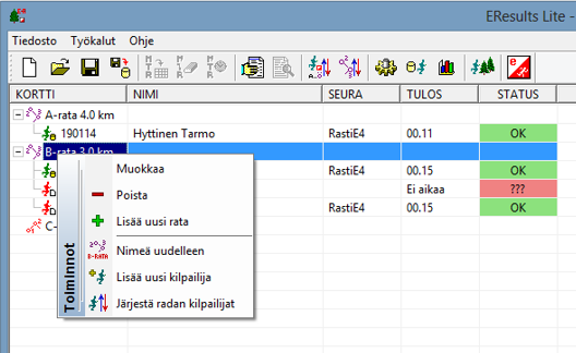 eresults Lite Ohje Rasti E4 Sivu 19 3) Nyt suunnistaja on lisätty radalle: Ilman Emit-korttia suunnistaneet Voit lisätä ilman Emit-korttia suunnistaneet seuraavasti: 1) Paina