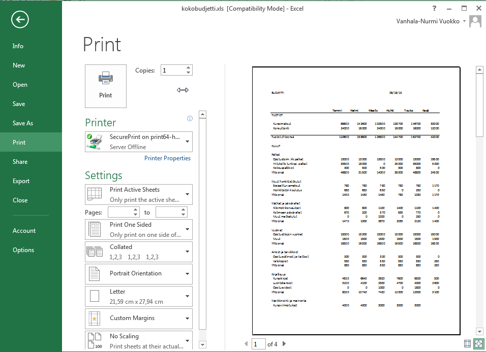 Excel 2013 Tulostaminen ja tulostusasetukset 1 TULOSTAMINEN JA TULOSTUSASETUKSET Esikatselu ja tulostaminen Ennen tulostamista voidaan asiakirja ottaa esikatseluun, jolloin nähdään sen tulostusasu 1.