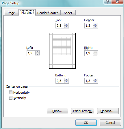 Excel 2013 Tulostaminen ja tulostusasetukset 3 1. Valitse Margins (Reunukset) valikosta sopiva asetus tai Custom Margins (Reunukset) 2.