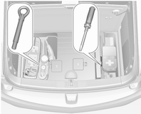 158 Auton hoito Auton työkalut Työkalut Hinaussilmukka ja ruuvitaltta sijaitsevat kannen alla tavaratilassa. Huomaa, että hinaussilmukka sijaitsee renkaankorjaussarjan alla.
