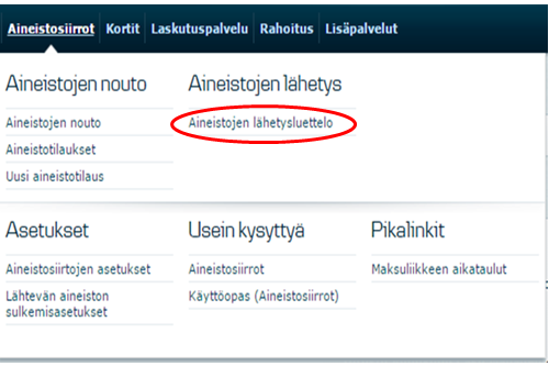 Pääset Kansioluetteloon valitsemalla ylävalikosta Aineistojen lähetysluettelo.