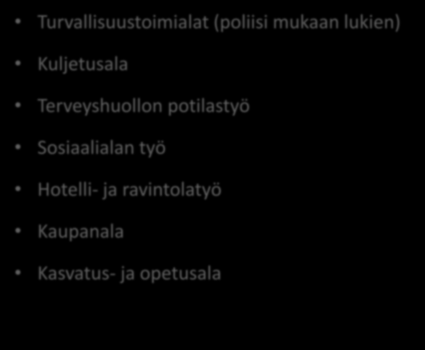 Korkean riskin toimialoja Turvallisuustoimialat (poliisi mukaan lukien) Kuljetusala