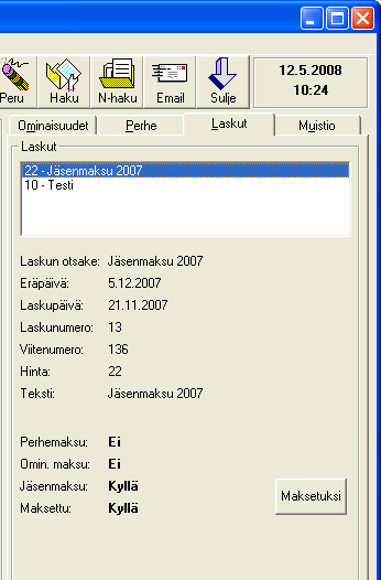Perheet Näytössä olevalle jäsenelle voidaan muodostaa perhe. Uusi perhe luodaan rastimalla Perhe välilehdeltä Perheen laskutettava -valinta. Perheen laskutettava voidaan ajatella perheen pääksi.