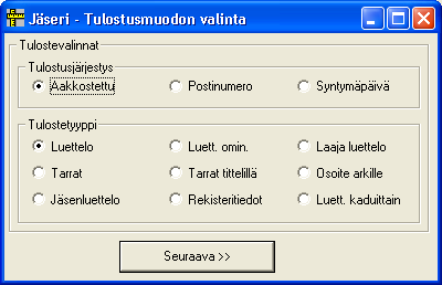 oikealta puolelta jokin valinnoista <, = tai >. Valinnalla < tulostuvat ne jäsenet joilla päivämäärä on aikaisempi kuin annettu päivämäärä. Muut valinnat toimivat vastaavasti.