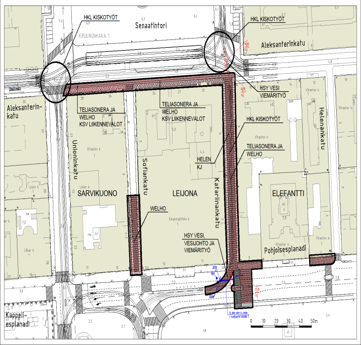 1. Rakennusvaihe Aleksanterinkatu Tilaaja Eteläinen jalkakäytävä HKR Hulevesiviemärit ja kattoviemärit HKR, HSY Laitekaivot ja putket HELEN Sofiankatu Kadun eteläpään saneeraus HKR Hulevesiviemäri
