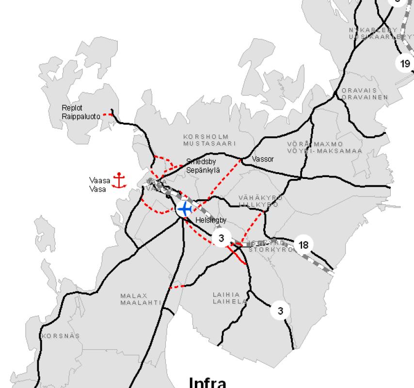 LIIKENNE TRAFIK Vaasan kaupunkiseudun päätieverkon muodostaa VT3, VT8 ja VT18 Seinäjoki-Vaasa ratayhteys Vaasan lentoasema