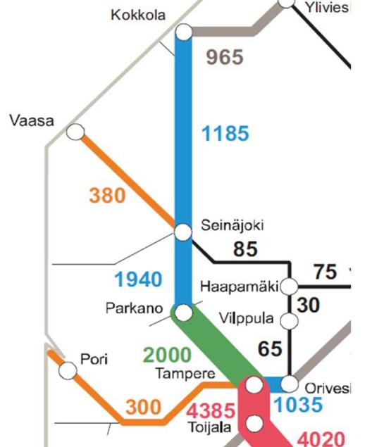 Oy) Vaasan radan eli 75 kilometrin pituisella Seinäjoki Vaasa( Vaskiluoto) ratayhteydellä henkilöliikennemäärä on noin 380 000 matkustajaa vuodessa (v. 2011).
