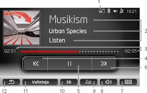 12.2 Mediasoitin Voit käyttää navigointilaitetta mediasoittimena. 1. Paina tässä tapauksessa (Päävalikko) avataksesi ikkunan LÄHTÖ. 2. Paina ikkunassa LÄHTÖ painikkeet Media > Mediasoitin.