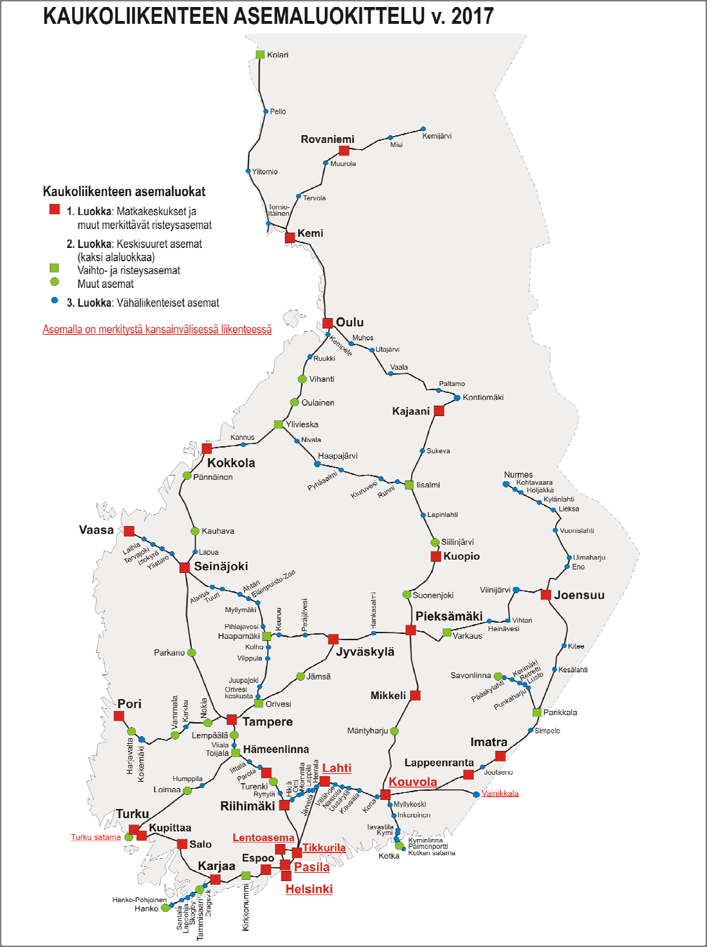 27 Kuva 1. Kaukoliikenteen asemaluokat noin vuonna 2017 (käsitys vuonna 2014). Kuva 11. Kaukoliikenteen asemien luokittelu 2017 (Rinta-Piirto ym. 2014). Lähiliikenteen asemien luokittelu esitetään kuvassa 12: 1.