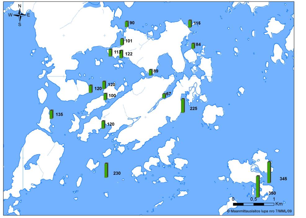 Kuva 6-2. Näkösyvyystietoja Suvisaariston alueelta (Tiensuu 2009). Ulkomereen verrattuna Suvisaariston vedenlaatu on vain tyydyttävä, paikoin välttävä.