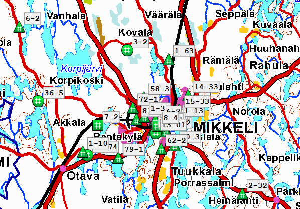 Varastojen hallinta ja logistiikka - Varastot Hakkuuleimikot ja varastopiste varaston työmaakartalla. Kartalla voidaan myös digitoida monipuolisilla, muokattavilla työkaluilla erilaisia piirteitä.