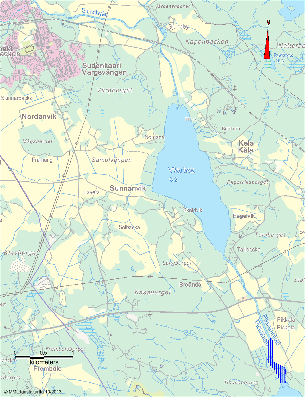 Kuva 4 Hankkeen vaikutusalue Pikkalanjoen suulla on merkitty sinisellä pystyviivoituksella.