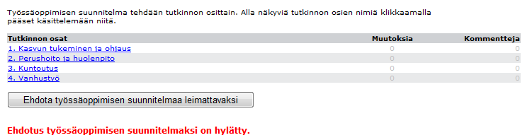 Mikäli muutosten lukeminen on vielä kesken joko työpaikkakouluttajan tai opiskelijan osalta, saa opiskelija ilmoituksen siitä, että työssä oppimisensuunnitelmaa ei voida ehdottaa leimattavaksi ennen