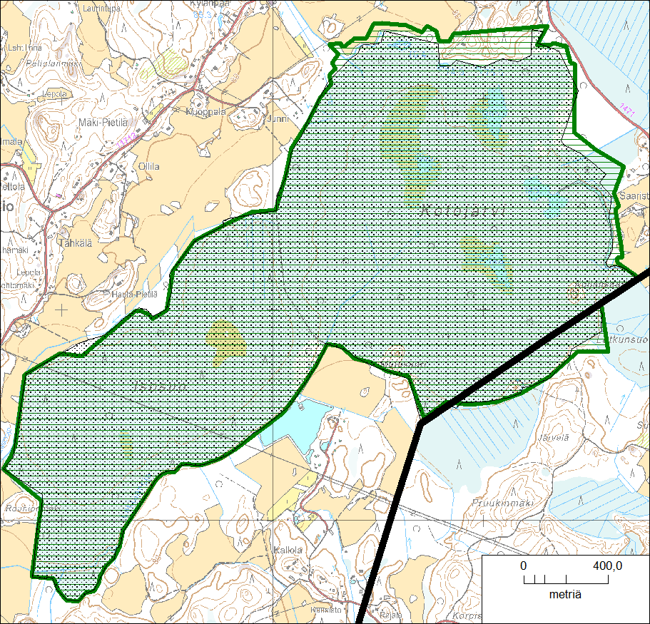 Kuva 22. Kotojärvi Isosuon Natura 2000 -alue (vihreä rajaus). Lähes koko alue on hankittu valtiolle luonnonsuojelutarkoituksiin (tumman vihreä rasteri).