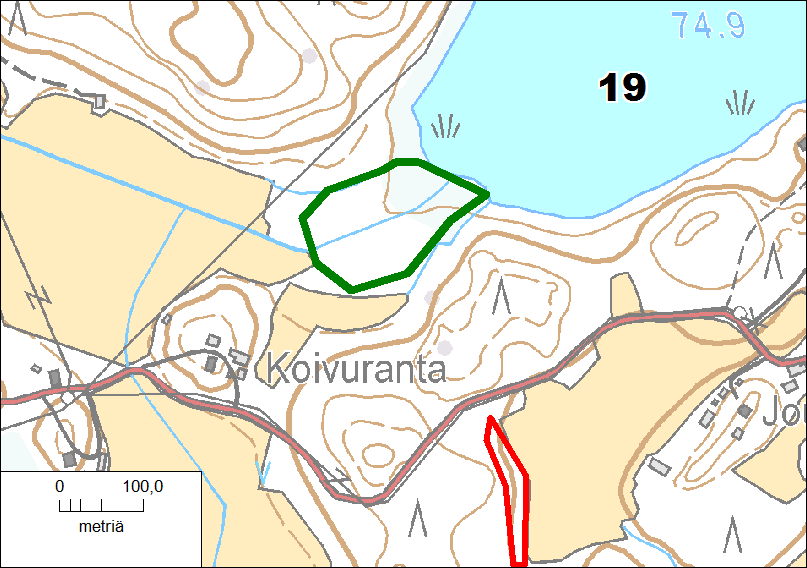 Kuva 24. Joutsjärven rantaluhta on rajattu vihreällä ja Joutsmäen liito-orava punaisella (ks. alaluku 3.3.1). Joutsjärven rantaluhtaa.