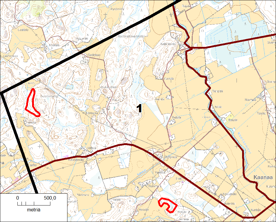 Kuva 2. Osa-alueen 1 sijainti ja rajaus. Todettu liito-oravan elinalue (ks. alaluku 3.3.1, Nöötin liito-orava) on rajattu punaisella. 3.1.2 Osa-alue 2 Osa-alue 2:a rajoittaa pohjoisessa Kaanaantie, idässä Kaanaanjoki, etelässä Sälinkään ja Soukkion kylien raja sekä lännessä osayleiskaava-alueen raja (kuva 3).