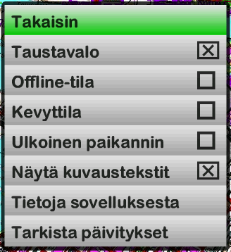 Voit myös tarkistaa, onko Karttaselaimesta olemassa uudempi asennettava versio Tarkista päivitykset toiminnolla. Offline-tilasta kerrotaan lisää kappaleessa Akun säästäminen.