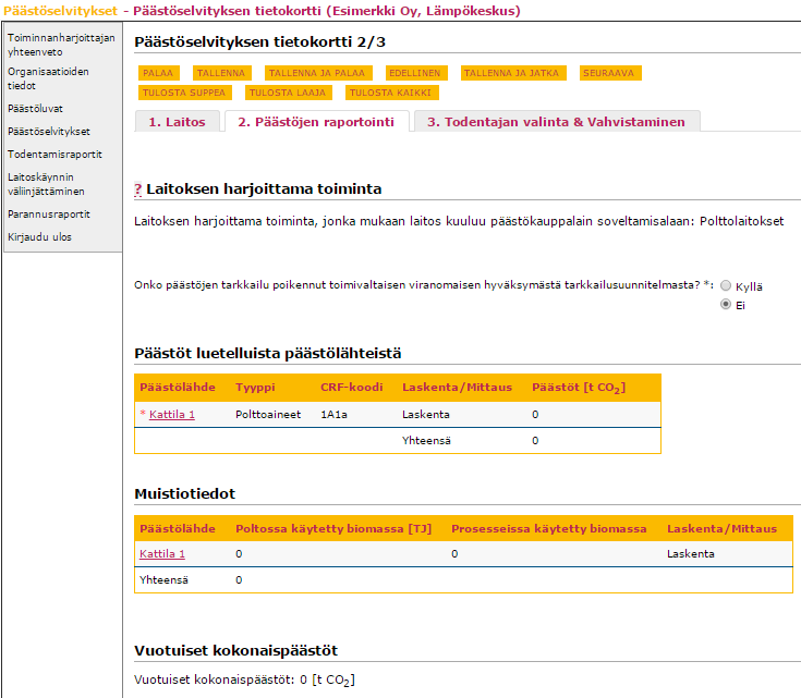 26 (36) Kuva 21 Päästöselvityksen tietokortti 2/3 Tietokortti on osittain esitäytetty päästöluvan tiedoilla.