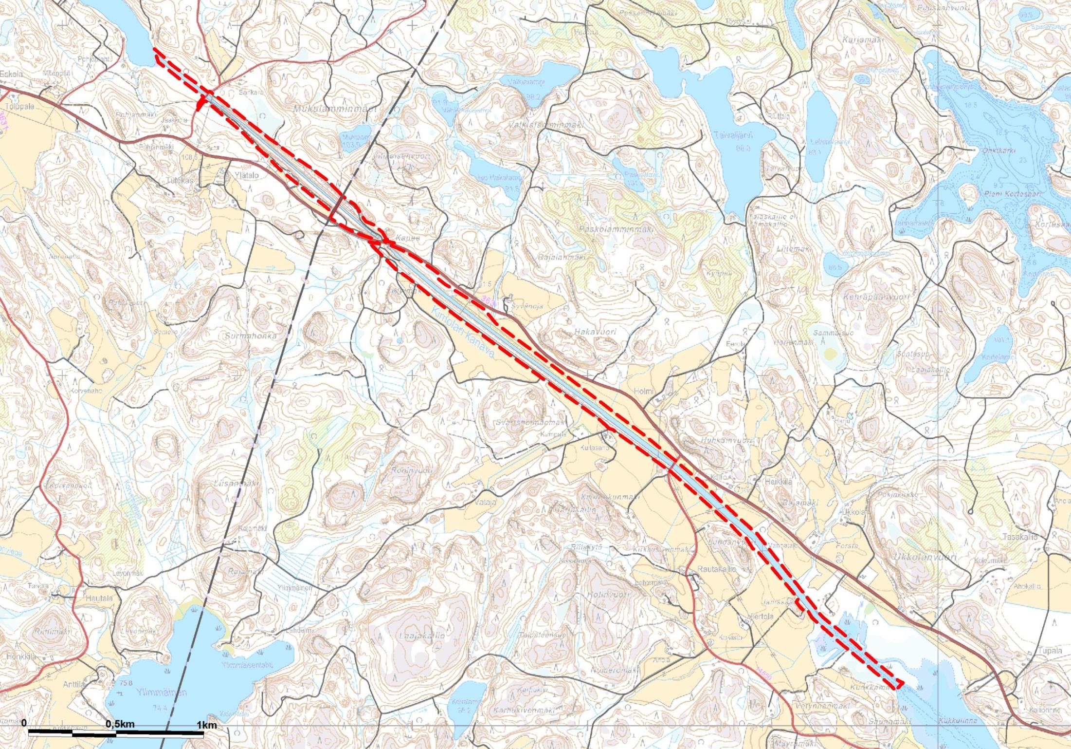 Kanavan vesialueen osuuksien nykyiset leveydet 1.