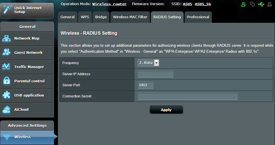 4.1.5 RADIUS-asetus RADIUS (Remote Authentication Dial In User Service) -asetus tarjoaa ylimääräisen suojaustason, kun valitset tunnistustavaksi WPA-Enterprisen, WPA2-Enterprisen tai Radius ja 802.