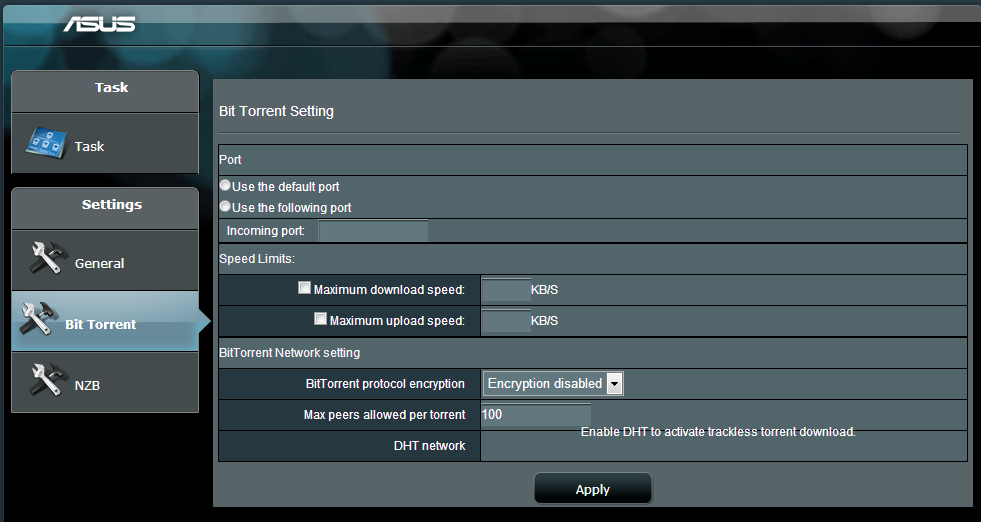 5. Käytä navigointipaneelia lisäasetusten määrittämiseen. 5.4.1 Bit Torrentin latausasetusten määrittäminen BitTorrent-latausasetusten määrittäminen: 1.