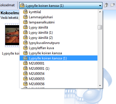 Kuva 4. Materiaali on siis tuotu, ja se näkyy Kokoelma-työpöydällä. Tässä esimerkkikuvassa olen tuonut ohjelmaan materiaalia, joka sisältää kuvaa ja on tallennettu nimellä Lypsylle koiran kanssa.