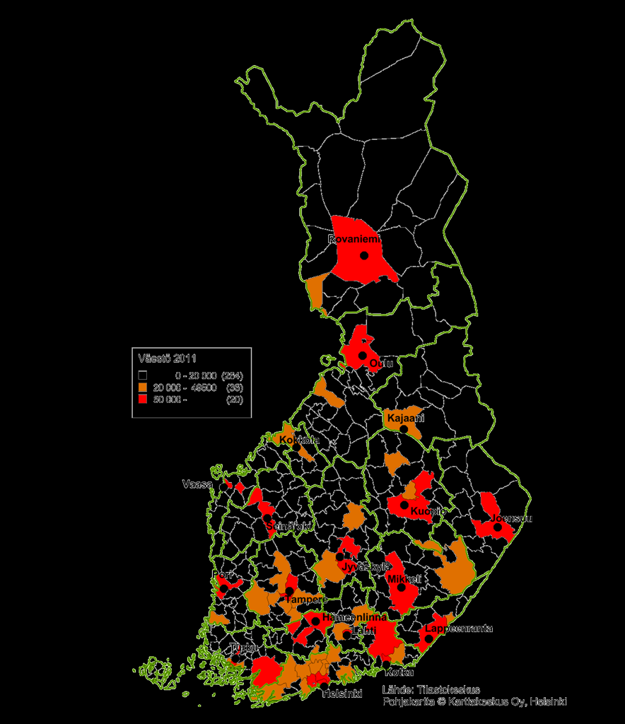 20 000-50 000 asukkaan kunnat 50 000- asukkaan kunnat Porvoo 48 833 Lohja 47 374 Kokkola 46 585 Hyvinkää 45 527 Nurmijärvi 40 349 Rauma 39 820 Järvenpää 38 966 Kajaani 38 045 Tuusula 37 667