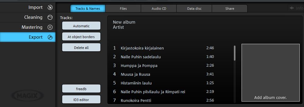 Mene lehdelle Export > Tracks & Names 2. Klikkaa painiketta Automatic. 3.
