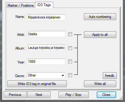 Muokkaa ID3-merkinnät Näppäimistön painike L avaa ID3-merkintäeditorin ja tällä voi lisätä kappalevaihtomerkkeihin kappaleiden nimet.