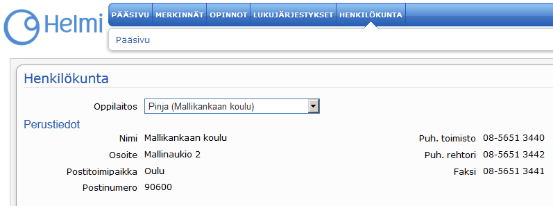 21 / 21 6 OPPILAITOKSEN YHTEYSTIETOJA Klikkaamalla Henkilökunta -painiketta avautuu sivu, jolta löytyy oppilaitoksen ja henkilökunnan yhteystietoja.