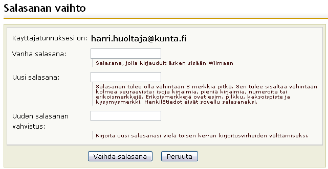 4.2 Salasanan vaihto Jos muistat nykyisen salasanasi, voit vaihtaa sen klikkaamalla linkkiä Salasanan vaihto ja YubiKeyn hallinta. Linkki on ikkunan oikeassa ylänurkassa, vanhantyyppisillä.