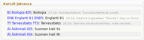 Oppiaineet Kurssit jaksossa -osissa kerrotaan, mitä aineita tai kursseja oppilas opiskelee juuri tällä hetkellä. Jos osio on tyhjä, ei koulu ole vielä julkaissut näitä tietoja Wilmassa.