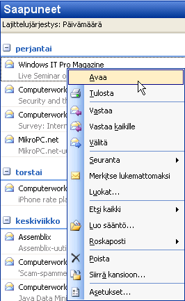 7.4.3.2 Saapuneet -kansion avaaminen Voit avata Saapuneet -kansion napsauttamalla Kansioluettelo-ikkunassa Saapuneet -kohdassa.