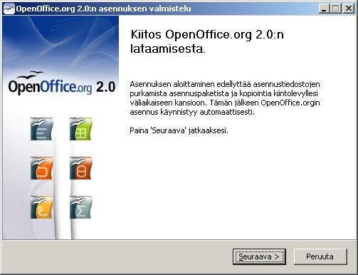 -6(2) Käynnistä kaksoisnapsauttamalla asennusohjelma ja odota, kun se käynnistyy. (3) Avautuu näyttö "Kiitos OpenOffice.org 2.0:n lataamisesta".