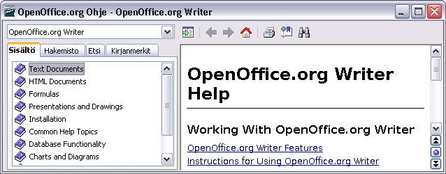 - 18 - Esimerkin kuvassa tarkka versionumero on 2.0.2. Näytöltä poistutaan painikkeesta OK. 2.1.6. Miten käytän OpenOfficen ohjetoimintoa?
