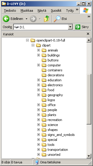 - 76 - Purkamisen jälkeen leikekuvat ovat esimerkkitapauksessa kansion D:\Data\OpenOffice_leikekuvat alikansiossa openclipart-0.18-full.