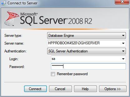 DGH-Scanmate-tietokanta liitetään uudelleen DGHtietokantapalvelimeen. 1) Käynnistä SQL Server Management Studio tietokoneella, jolla tietokanta on.