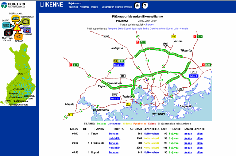 Tieliikenteen palvelutason määrittäminen 21 SUOMI Kuva 2. Suomen Tiehallinnon liikennetilannetiedotuspalvelu Internetissä.